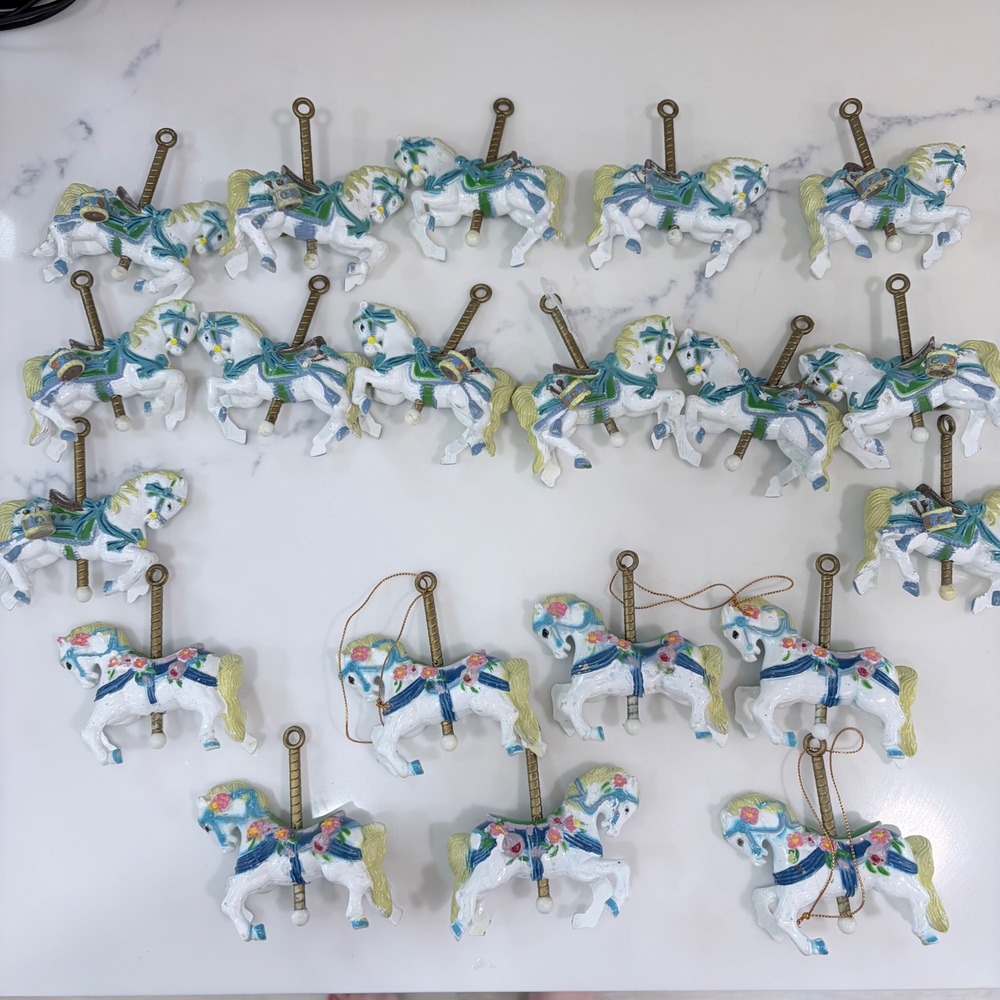 Vintage Carousel Horse Christmas Ornaments Lot of 18 Plastic Floral Blue Bows